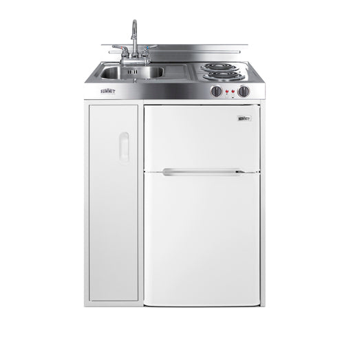 Accucold 30" wide all-in-one kitchenette with 2-burner 115V coil cooktop, refrigerator-freezer, sink, and storage