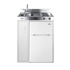 Accucold 30" wide all-in-one kitchenette with 2-burner 115V coil cooktop, refrigerator-freezer, sink, and storage