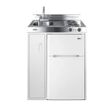 Accucold 30" wide all-in-one kitchenette with 2-burner 115V coil cooktop, refrigerator-freezer, sink, and storage