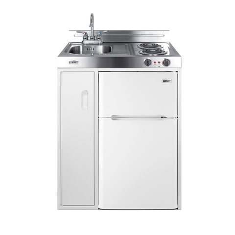 Accucold 30" wide all-in-one kitchenette with 2-burner 115V coil cooktop, refrigerator-freezer, sink, and storage
