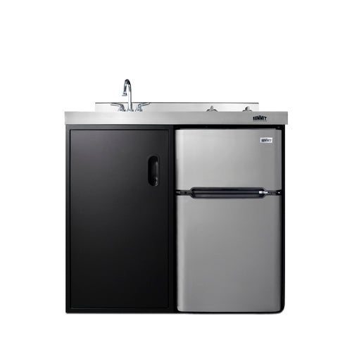 Accucold 39" wide all-in-one kitchenette with 2-burner 115V smooth-top cooktop, refrigerator-freezer, sink, and storage