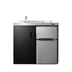 Accucold 39" wide all-in-one kitchenette with 2-burner 115V smooth-top cooktop, refrigerator-freezer, sink, and storage