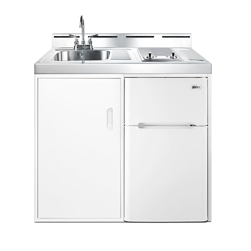 Accucold 39" wide all-in-one kitchenette with 2-burner 115V smooth-top cooktop, refrigerator-freezer, sink, and storage