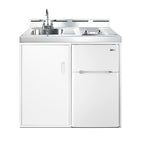 Accucold 39" wide all-in-one kitchenette with 2-burner 115V smooth-top cooktop, refrigerator-freezer, sink, and storage