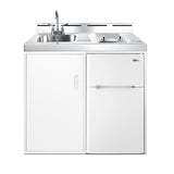 Accucold 39" wide all-in-one kitchenette with 2-burner 115V smooth-top cooktop, refrigerator-freezer, sink, and storage