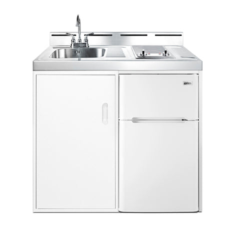 Accucold 39" wide all-in-one kitchenette with 2-burner 115V smooth-top cooktop, refrigerator-freezer, sink, and storage