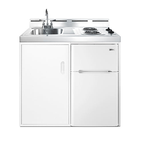 Accucold 39" wide all-in-one kitchenette with 2-burner 115V coil cooktop, refrigerator-freezer, sink, and storage
