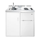 Accucold 39" wide all-in-one kitchenette with 2-burner 115V coil cooktop, refrigerator-freezer, sink, and storage