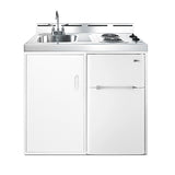 Accucold 39" wide all-in-one kitchenette with 2-burner 115V coil cooktop, refrigerator-freezer, sink, and storage