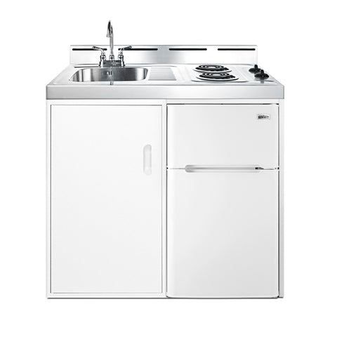 Accucold 39" wide all-in-one kitchenette with 2-burner 115V coil cooktop, refrigerator-freezer, sink, and storage