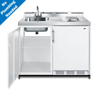 Accucold 48" wide mobile all-in-one kitchenette with 2-burner 115V radiant cooktop, refrigerator-freezer, and