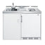 48" wide all-in-one kitchenette with 2-burner 115V smooth-top cooktop, refrigerator-freezer, sink, and storage cabinet