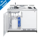 Accucold 48" wide mobile all-in-one kitchenette with 2-burner 115V coil cooktop, refrigerator-freezer, and no-plumbing