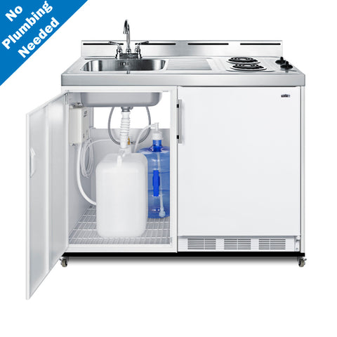 Accucold 48" wide mobile all-in-one kitchenette with 2-burner 115V coil cooktop, refrigerator-freezer, and no-plumbing