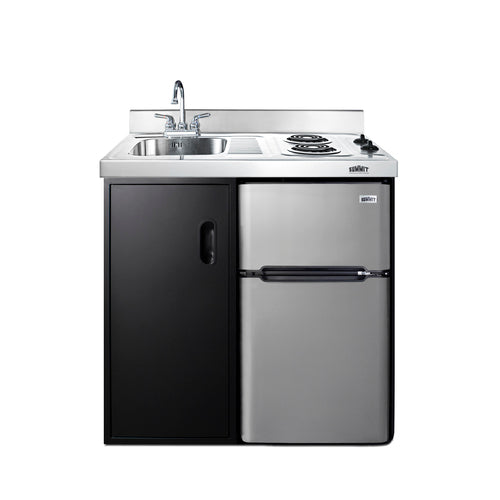 Accucold 36" wide all-in-one kitchenette with 2-burner 115V coil cooktop, refrigerator-freezer, sink, and storage