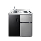 Accucold 36" wide all-in-one kitchenette with 2-burner 115V coil cooktop, refrigerator-freezer, sink, and storage