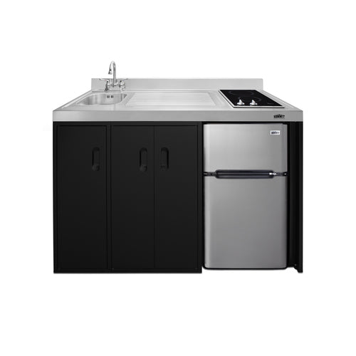 Accucold 54" wide all-in-one kitchenette with 2-burner 115V smooth-top cooktop, refrigerator-freezer, sink on left