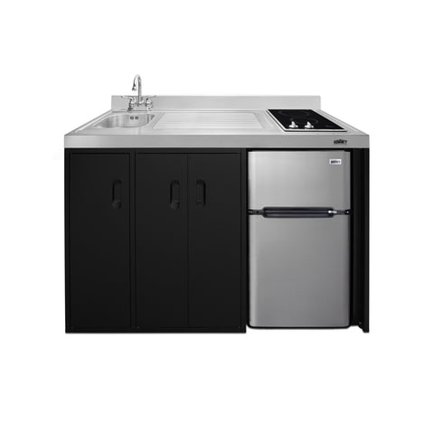 Accucold 54" wide all-in-one kitchenette with 2-burner 115V smooth-top cooktop, refrigerator-freezer, sink on left