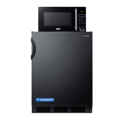 Accucold Counter height refrigerator-freezer and compact microwave in black with allocator and USB ports for 1-plug