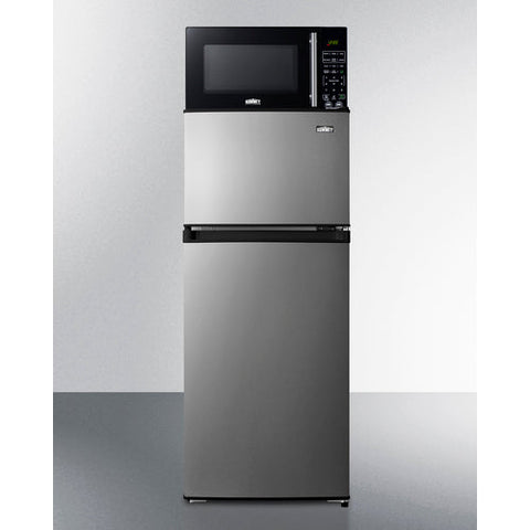 Accucold Mid-sized refrigerator-freezer in a stainless steel steel look and black microwave with built-in allocator,
