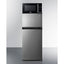 Mid-sized refrigerator-freezer in a stainless steel steel look and black microwave with built-in allocator, with bracket