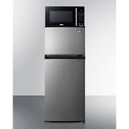 Accucold Mid-sized refrigerator-freezer in a stainless steel steel look and black microwave with built-in allocator,