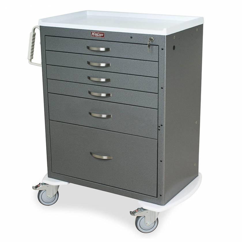 Harloff Specialty Package Key locking Monitor Cart, 3-3", 2-6", and 1-9" Drawers, Includes Pontoon Bumper and 5"