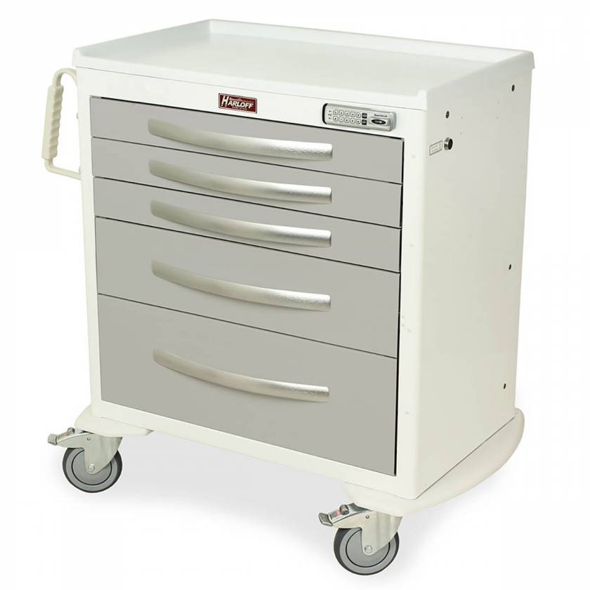 Harloff 5 Drawer Classic Treatment Cart (Short Cabinet),Basic Electronic Pushbutton Lock with Key Lock Override,