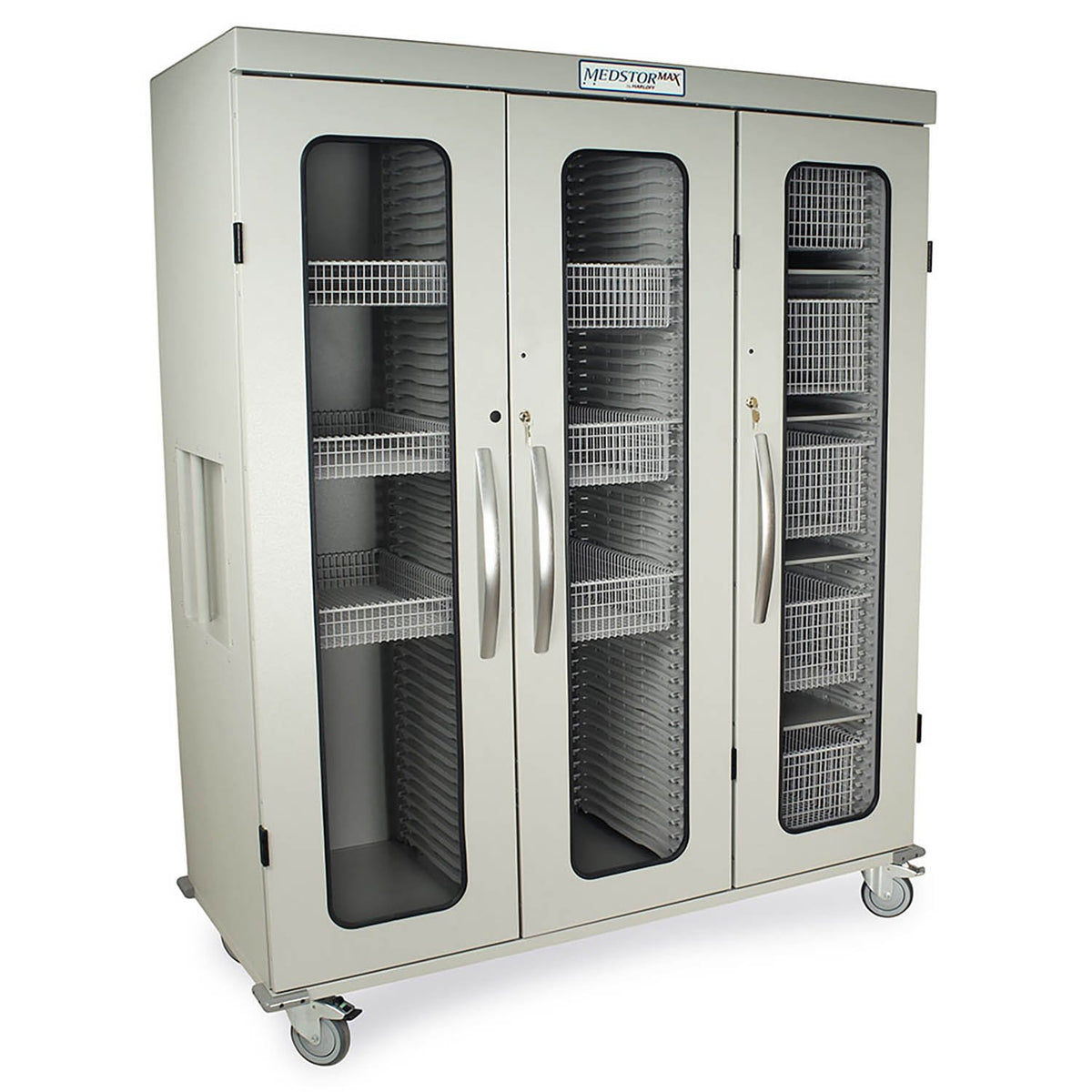 Harloff Triple Column Mobile Cabinet with Key Locking Doors (3) with tempered glass inserts, on left is a single column