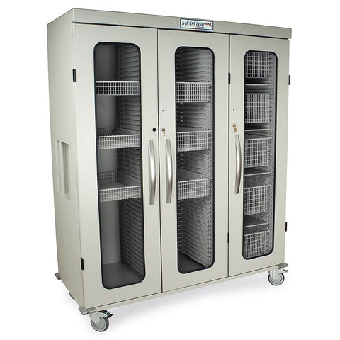 Harloff Triple Column Mobile Cabinet with Key Locking Doors (3) with tempered glass inserts, on left is a single column