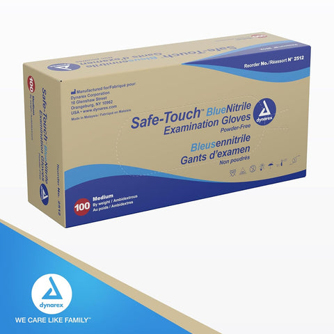 Dynarex Safe-Touch Blue Nitrile Exam Gloves, Powder-Free
