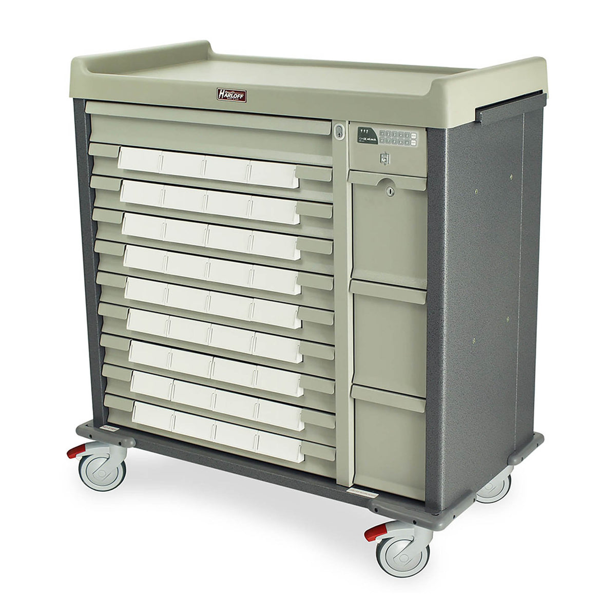 Harloff All-Aluminum, Med-Bin Cart with BEST® Lock, includes 36-each 5-inch Bins. Standard Package Includes Pull-out