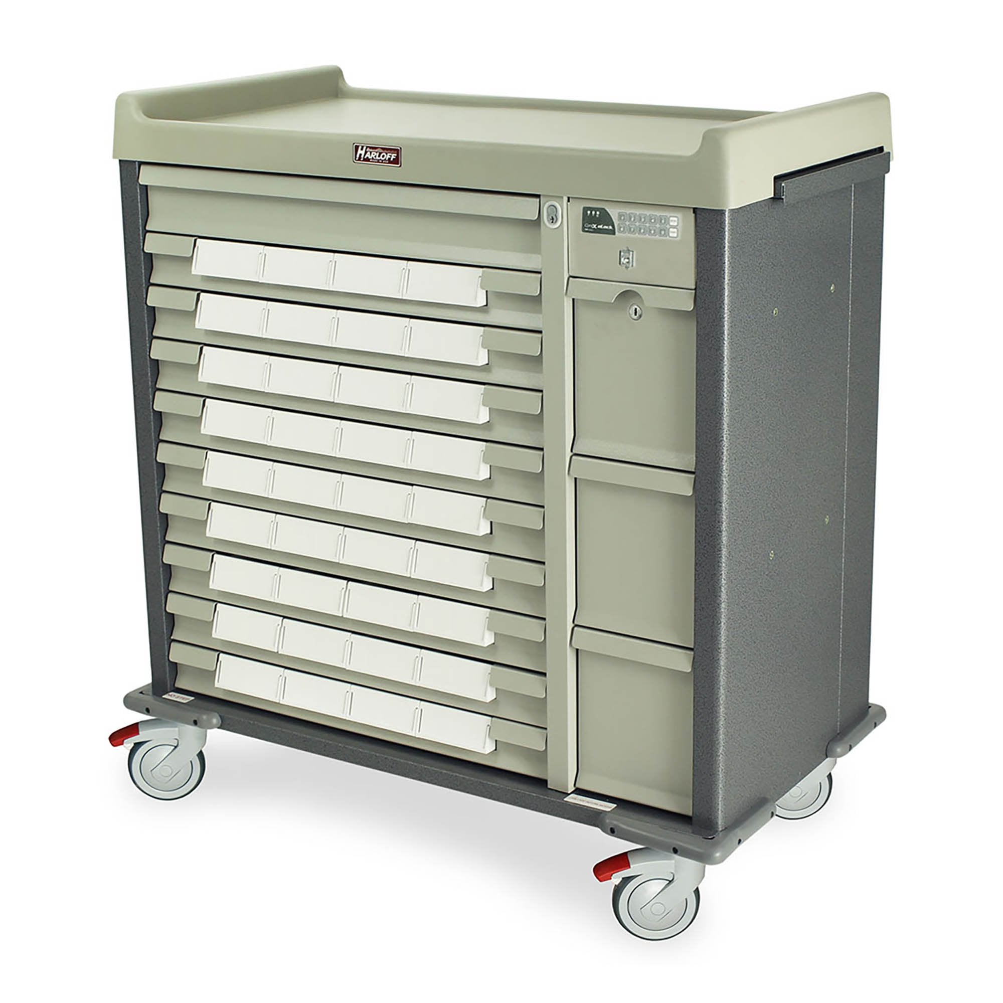 All-Aluminum, Med-Bin Cart with BEST® Lock, includes 36-each 5-inch Bins. Standard Package Includes Pull-out Shelf, Bin