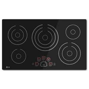 36" wide smooth-top 5-burner radiant cooktop in black glass