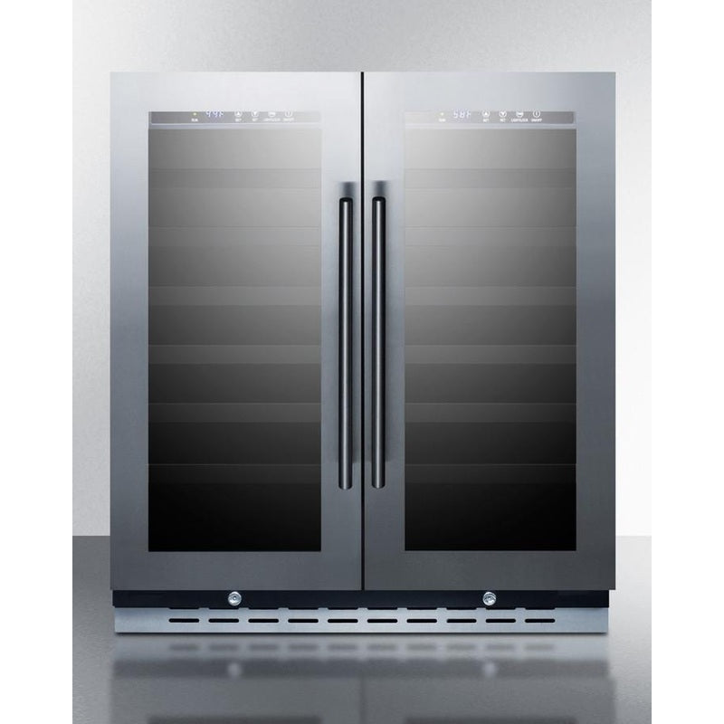 30" wide built-in undercounter dual zone wine and craft beer cooler with locks, digital thermostats, and glass doors in