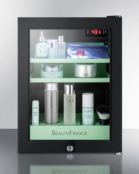 Accucold BeautiFridge cosmetics refrigerator with mint shelving and tinted glass door (Model LX114LGT1LHD)