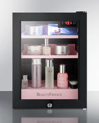Accucold BeautiFridge cosmetics refrigerator with pink shelving and glass door (Model LX114LPLHD)